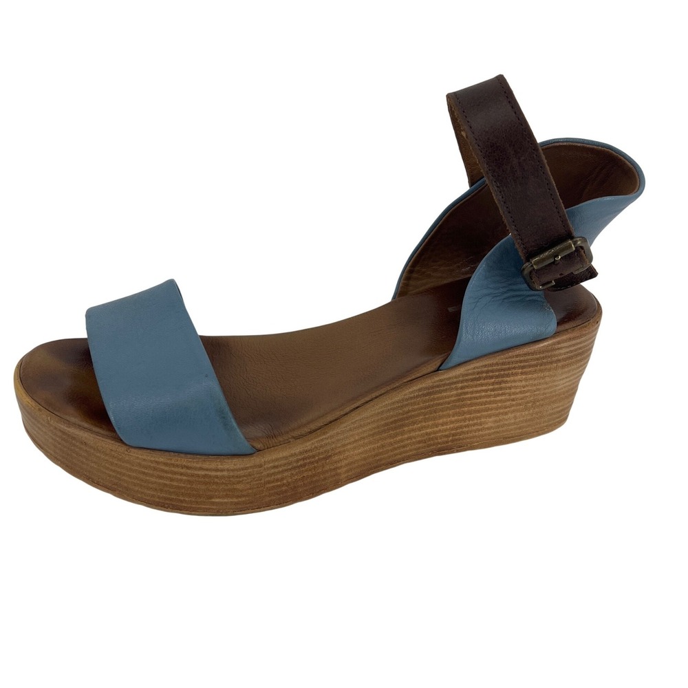 Bueno Wedge Sandals Womens 8.5/39 Blue‎ Brown Leather Platform Ankle Strap